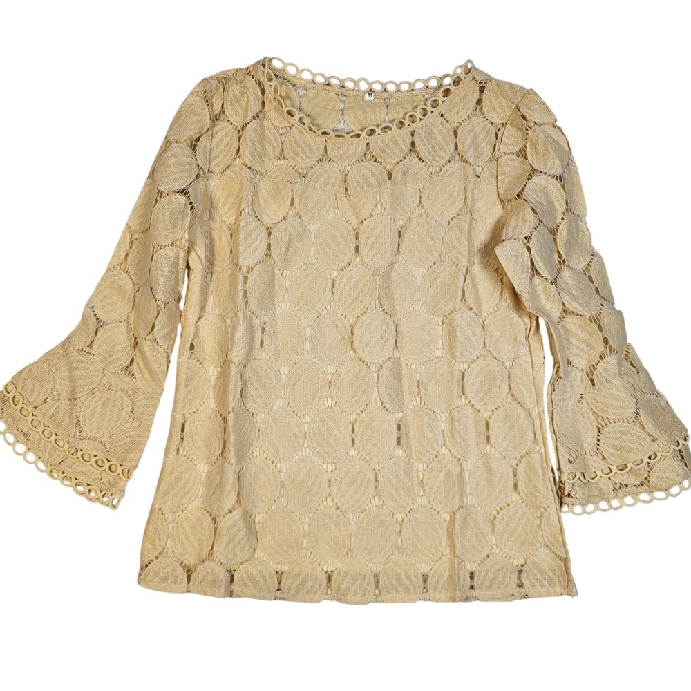 Cream Beige Geometric Lace Blouse Scalloped Trim Bell Sleeve Top Womens Medium